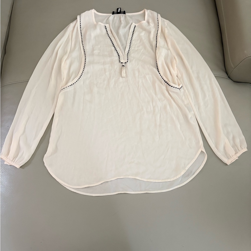 J Crew long sleeve cream w black piping tassel